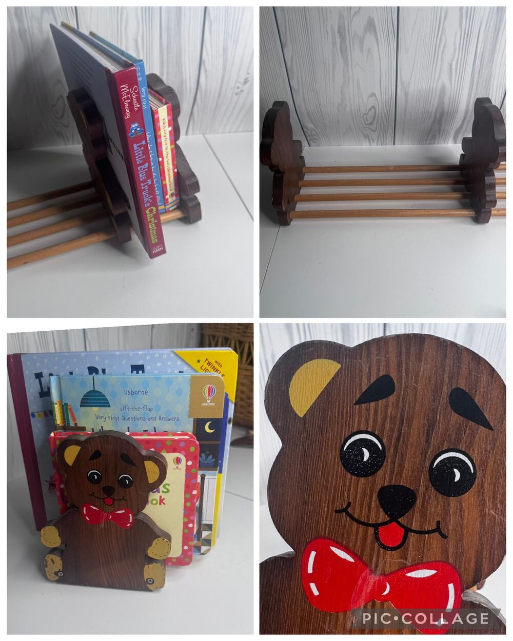 Vtg Dark Wood Child’s Book Rack Teddy Bear Adjustable Sliding Books DVD Nursery